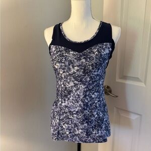 MPG tank with built in shelf bra size Medium. Navy blue & grays